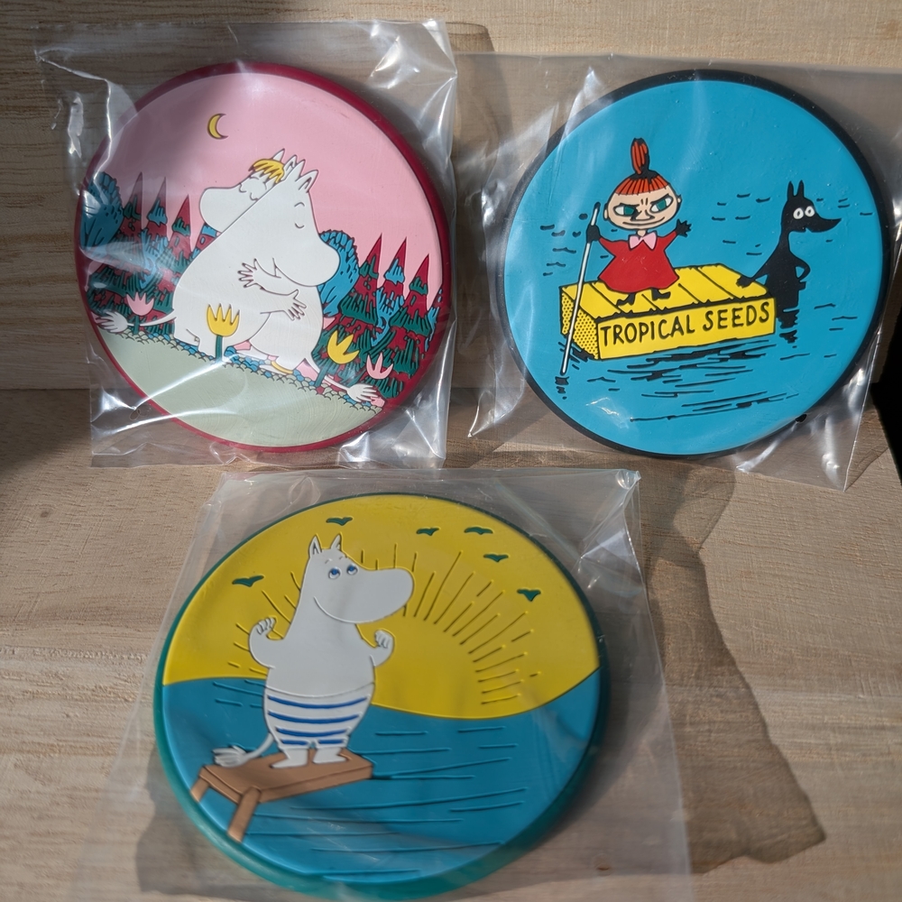 Moomin, Little My, Snorkmaiden Moominvalley coaster set (new w box) Bandai Japan